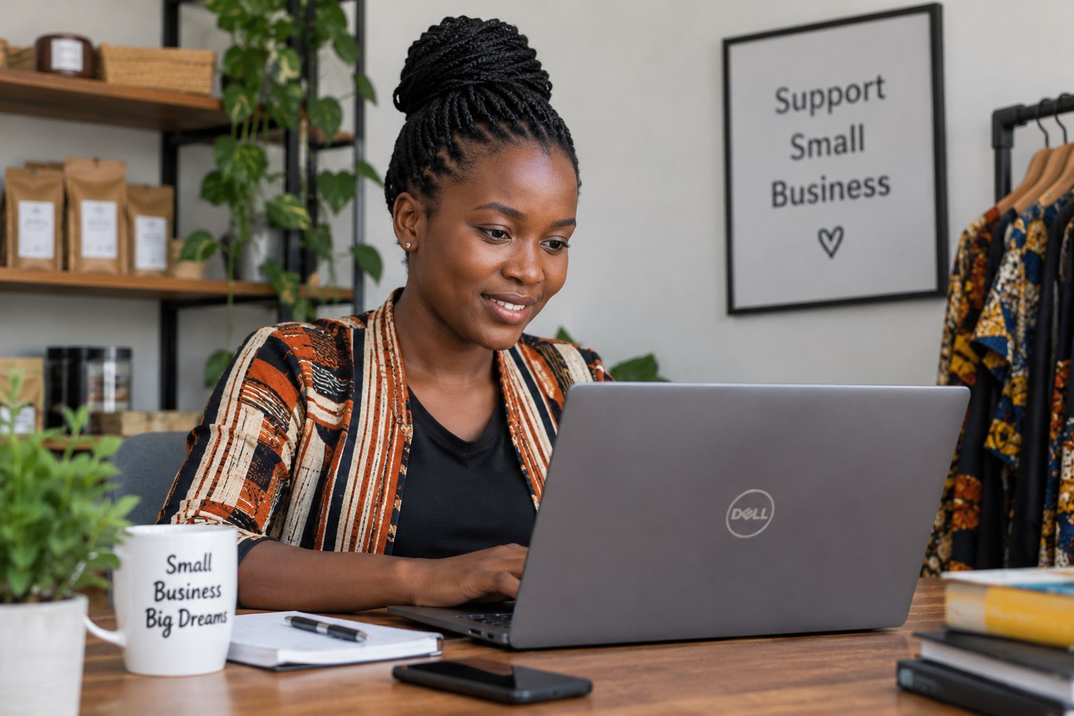 A small business owner working on her new website