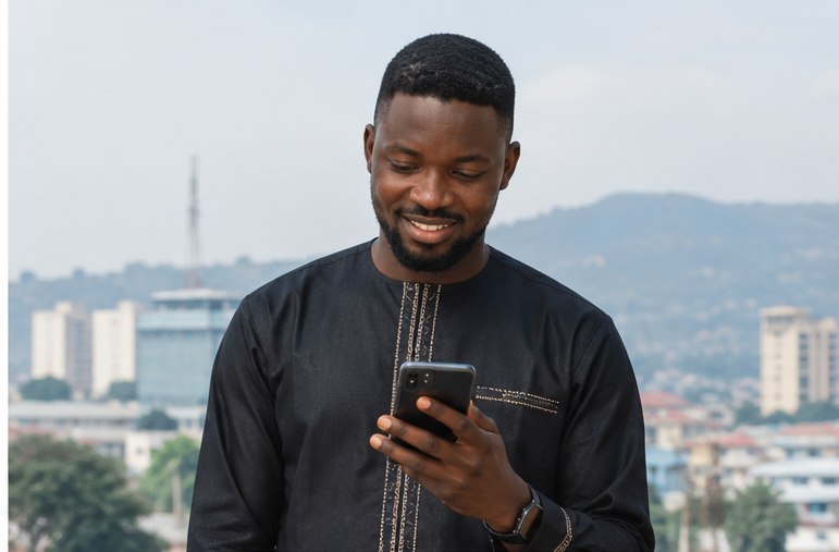 A Kenyan entrepreneur checking his phone, city skyline behind him