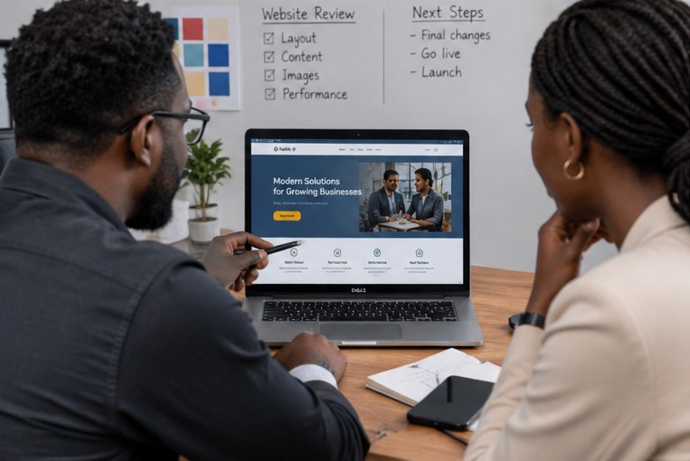 A client and BeaconWebTech reviewing a demo site together before launch